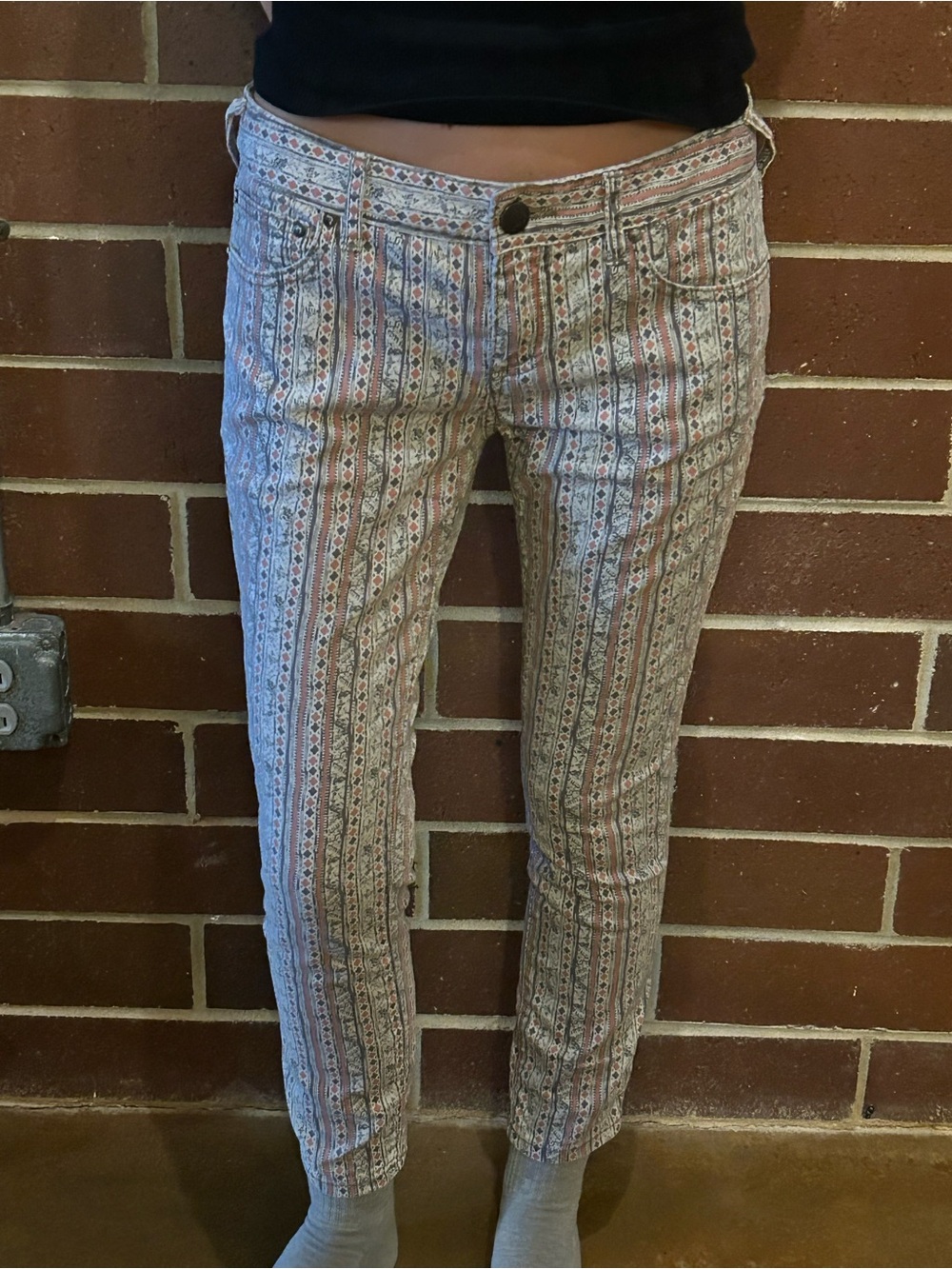 Free People patterned pants with with Coral, Navy & Cream accents